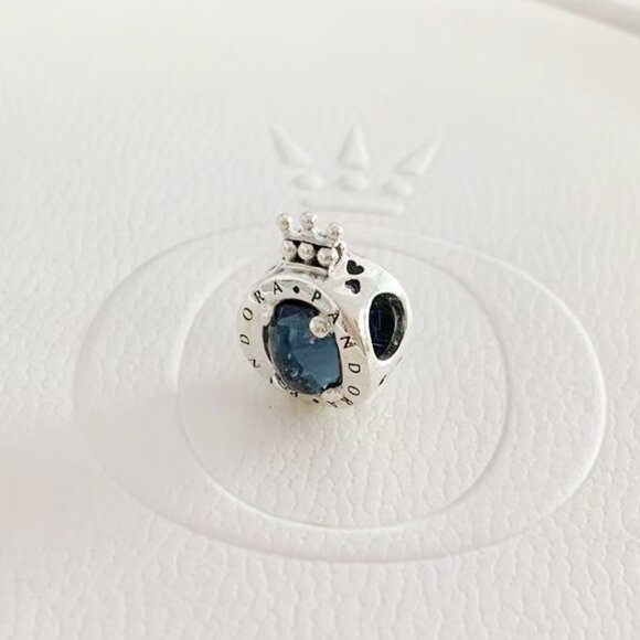 Pandora Sterling Silver Blue Sparkling Crown O Charm With Clear CZ Charm Bead